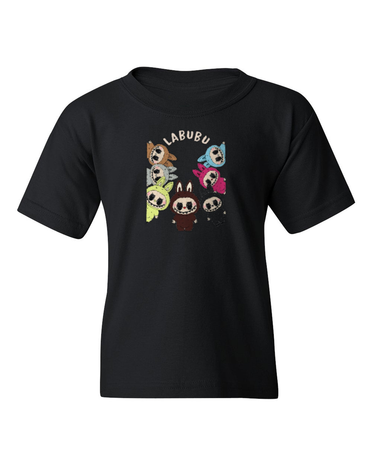 Labubu Friends Kids Tee — black t-shirt mockup