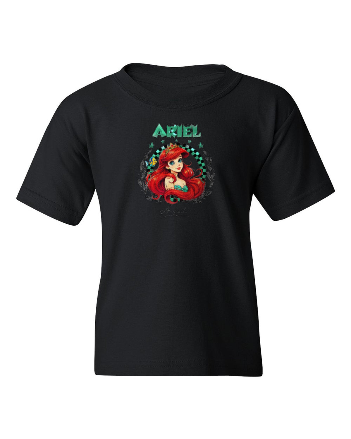 Ariel Princess Kids Tee — black t-shirt mockup