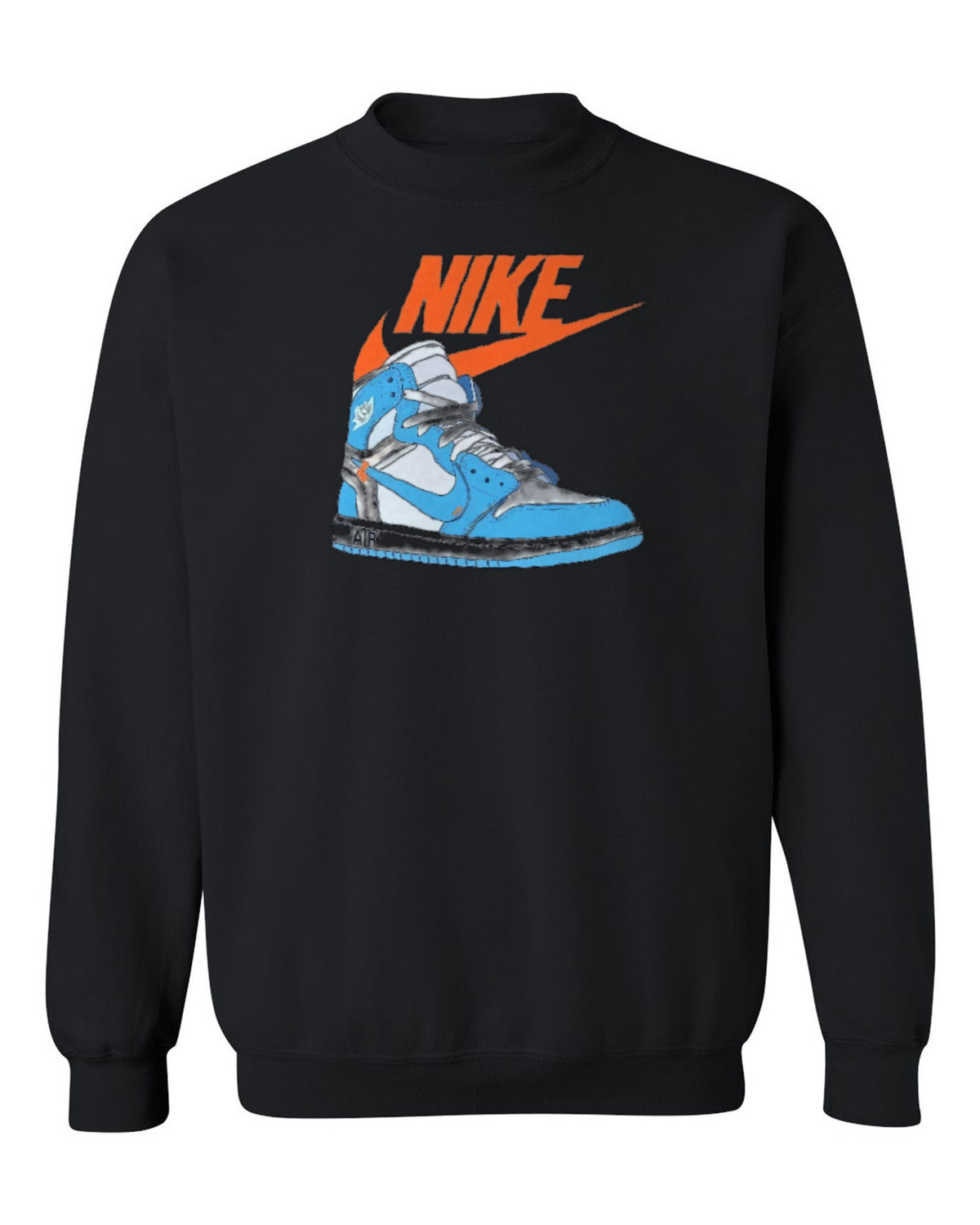 Nike Blue Sneaker Design — black crewneck mockup