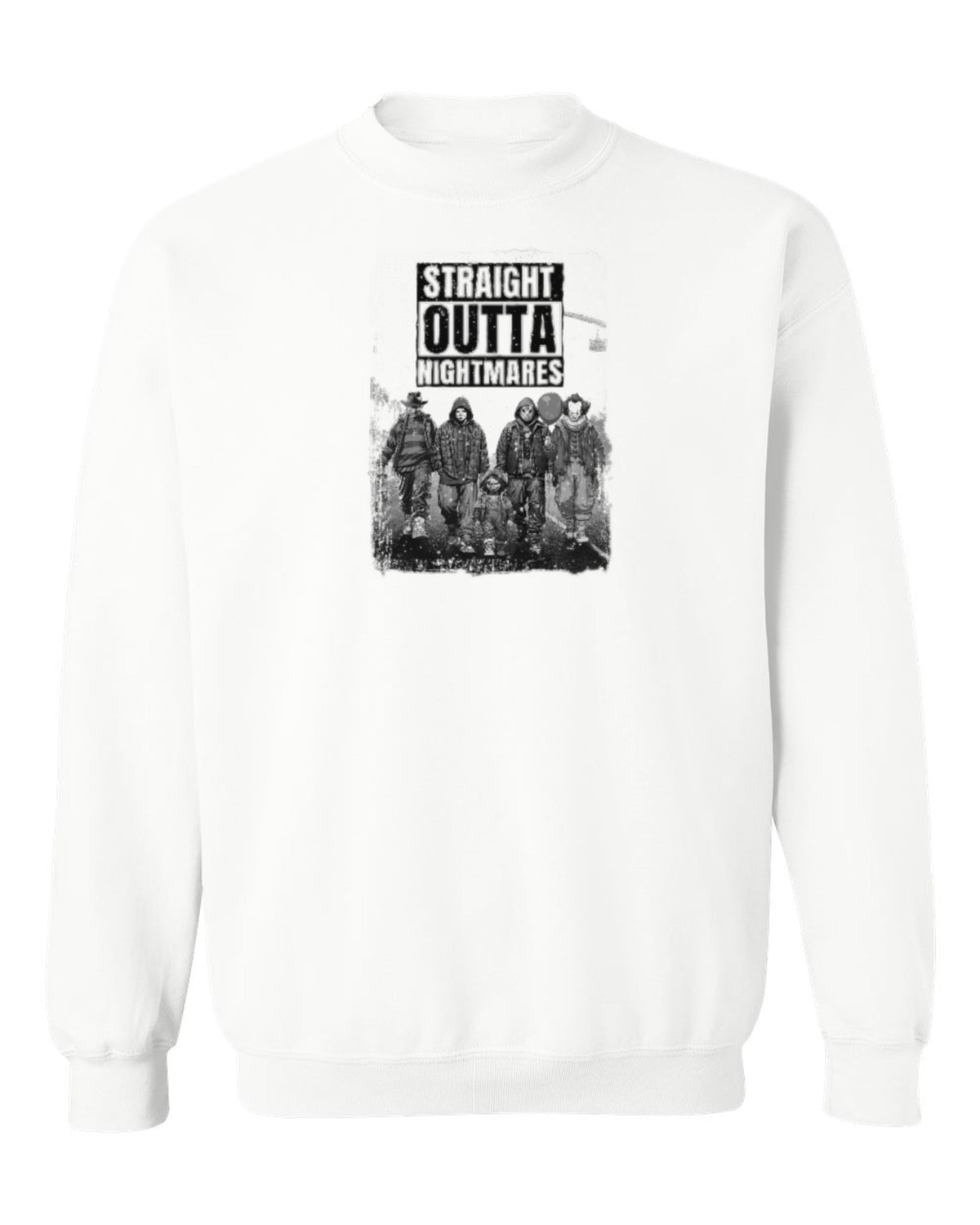 Straight Outta Nightmares Design — white crewneck mockup