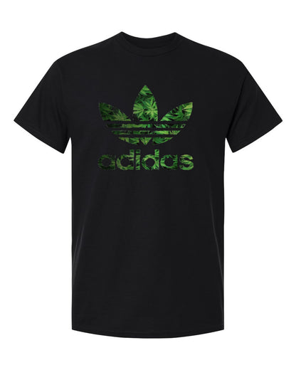 Adidas Leaf Logo Design — black t-shirt mockup