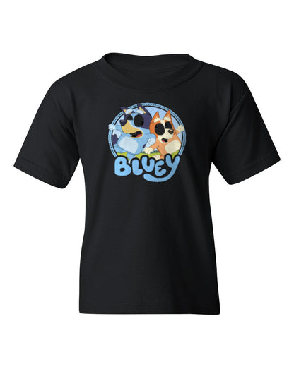 Bluey & Bingo Kids Tee — black t-shirt mockup