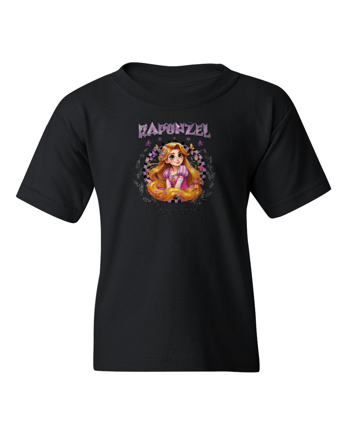Rapunzel Princess Kids Tee — black t-shirt mockup