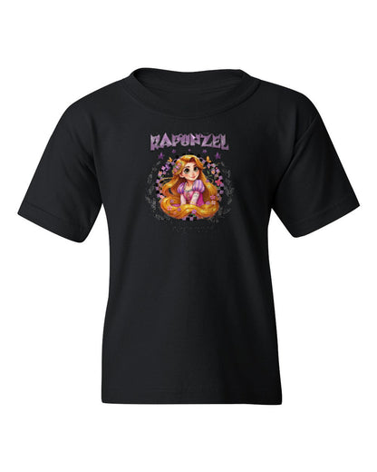 Rapunzel Princess Kids Tee — black t-shirt mockup
