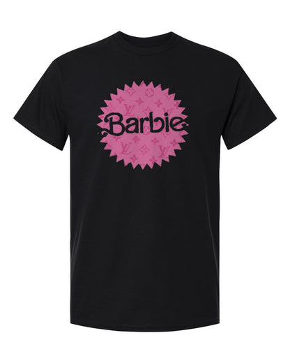 Barbie Pink Logo Design — black t-shirt mockup
