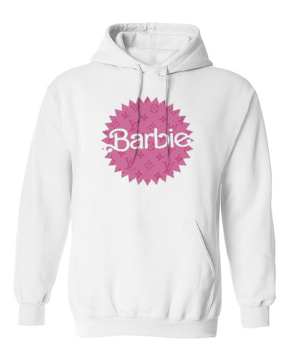 Barbie Pink Logo Design — white hoodie mockup