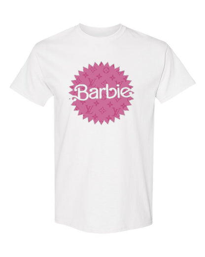 Barbie Pink Logo Design — white t-shirt mockup
