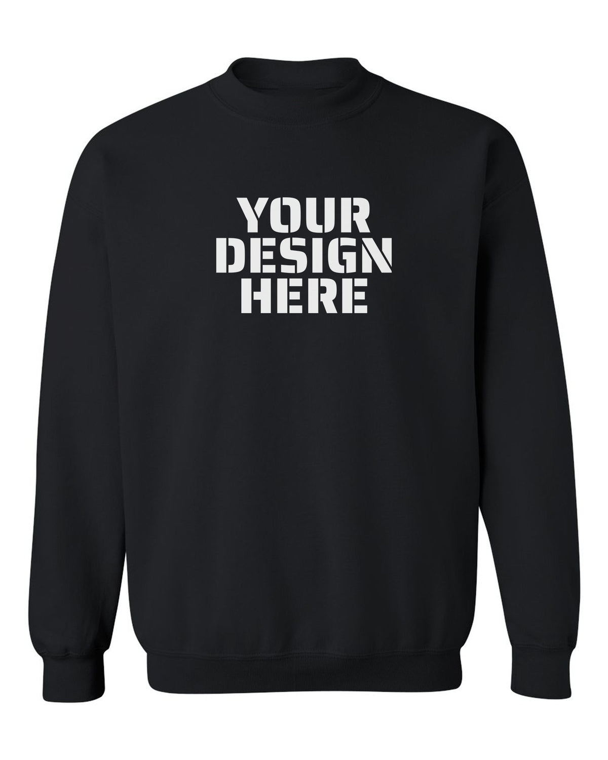 Gildan 18000 Crewneck in Black with sample 'YOUR DESIGN HERE' print centred on the chest (mockup)