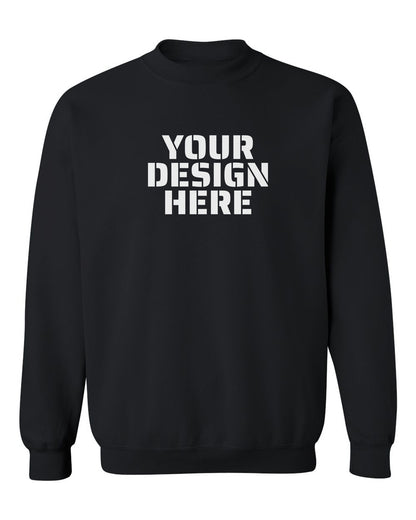 Gildan 18000 Crewneck in Black with sample 'YOUR DESIGN HERE' print centred on the chest (mockup)