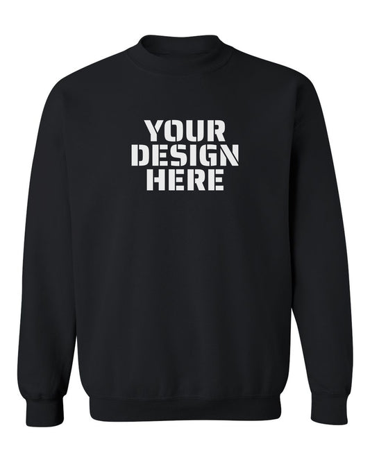 Gildan 18000 Crewneck in Black with sample 'YOUR DESIGN HERE' print centred on the chest (mockup)