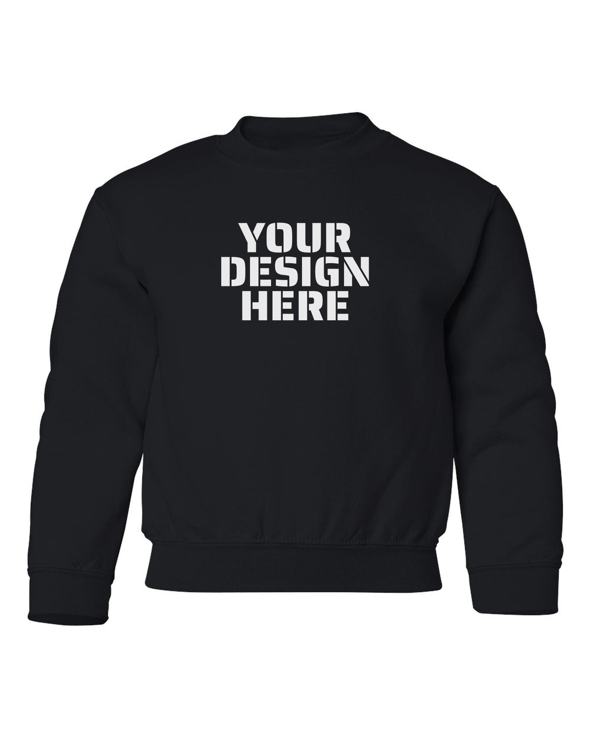 Gildan 18000B Youth Crewneck in Black with sample 'YOUR DESIGN HERE' print centred on the chest (mockup)