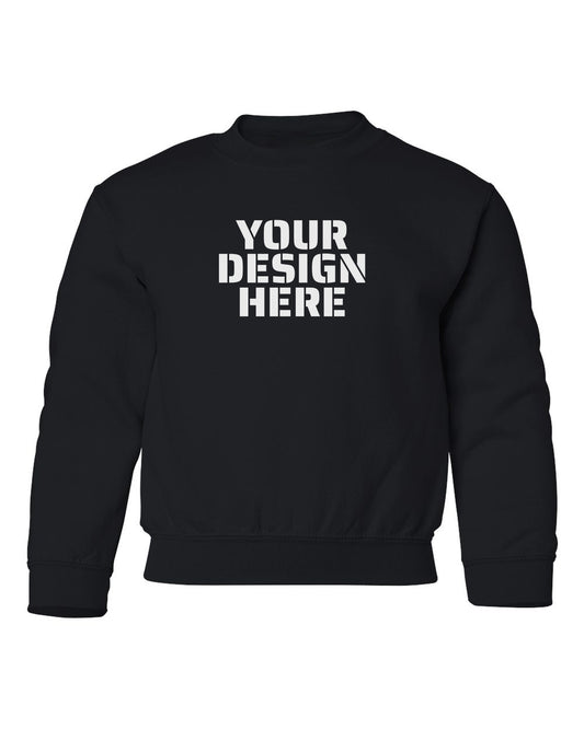 Gildan 18000B Youth Crewneck in Black with sample 'YOUR DESIGN HERE' print centred on the chest (mockup)
