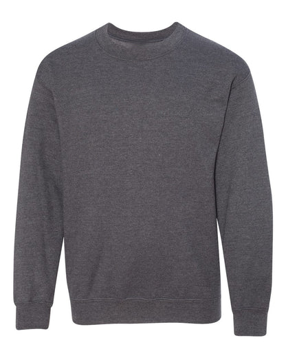 Gildan 18000B blank youth crewneck in Dark Heather, front view
