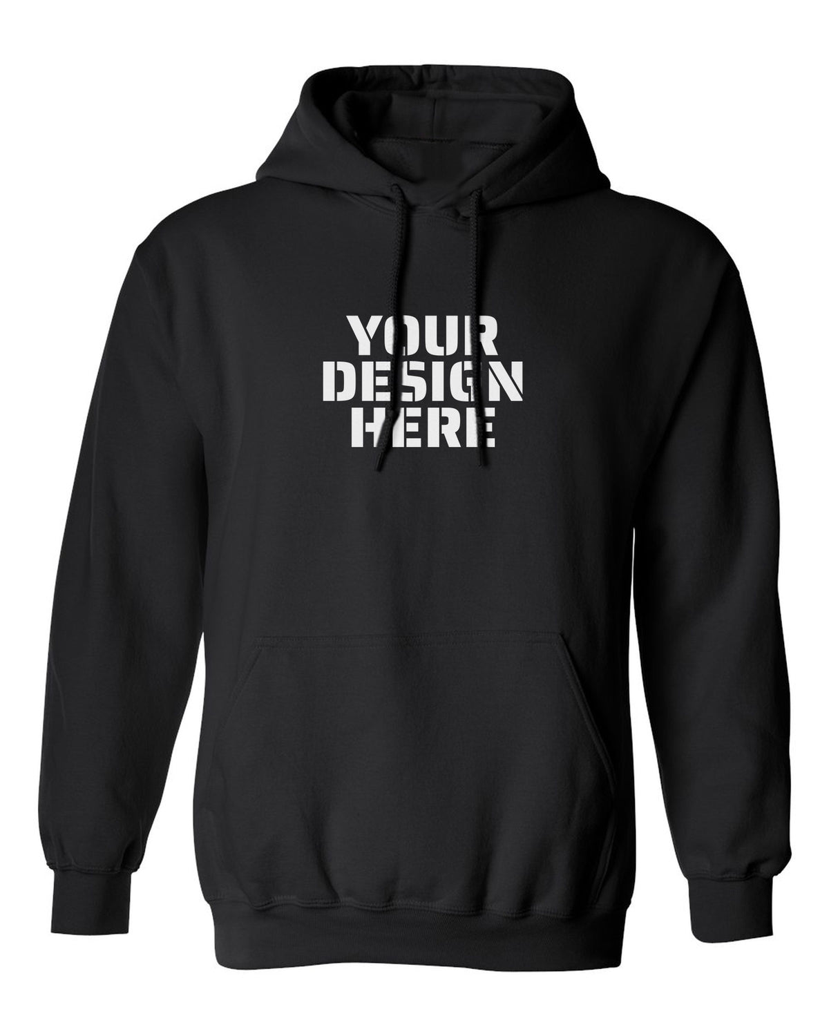 Gildan 18500 Hoodie in Black with sample 'YOUR DESIGN HERE' print centred on the chest (mockup)