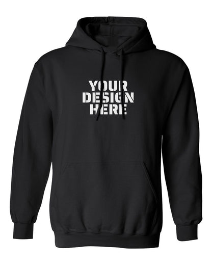 Gildan 18500 Hoodie in Black with sample 'YOUR DESIGN HERE' print centred on the chest (mockup)