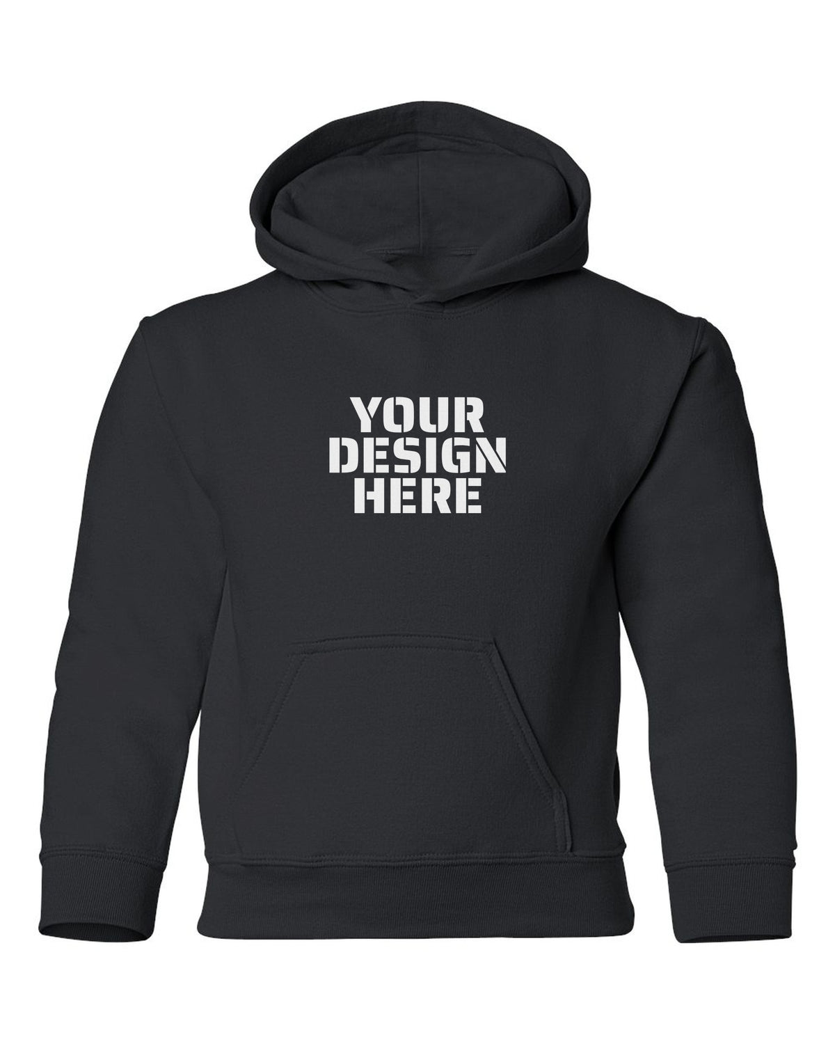 Gildan 18500B Youth Hoodie in Black with sample 'YOUR DESIGN HERE' print centred on the chest (mockup)