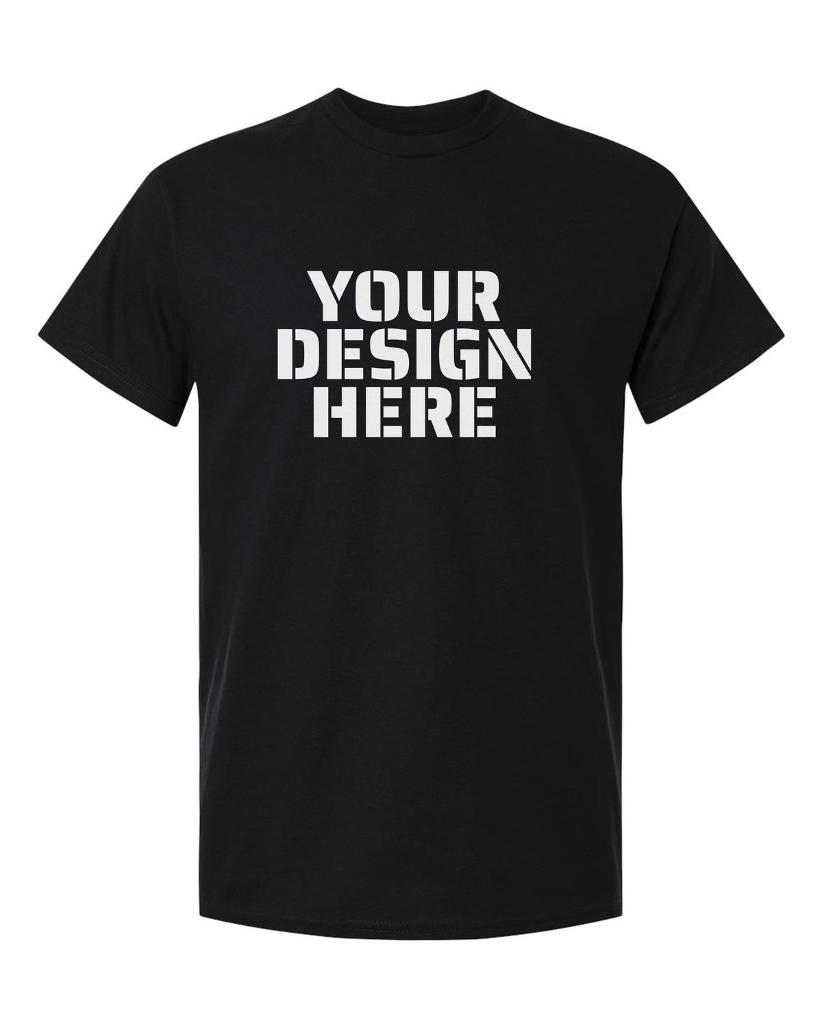 Gildan 5000 T-Shirt in Black with sample 'YOUR DESIGN HERE' print (mockup)