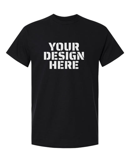Gildan 5000 T-Shirt in Black with sample 'YOUR DESIGN HERE' print (mockup)