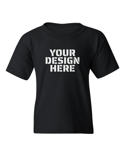 Gildan 5000B Youth T-Shirt in Black with sample 'YOUR DESIGN HERE' print (mockup)