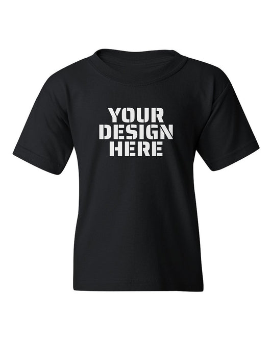 Gildan 5000B Youth T-Shirt in Black with sample 'YOUR DESIGN HERE' print (mockup)