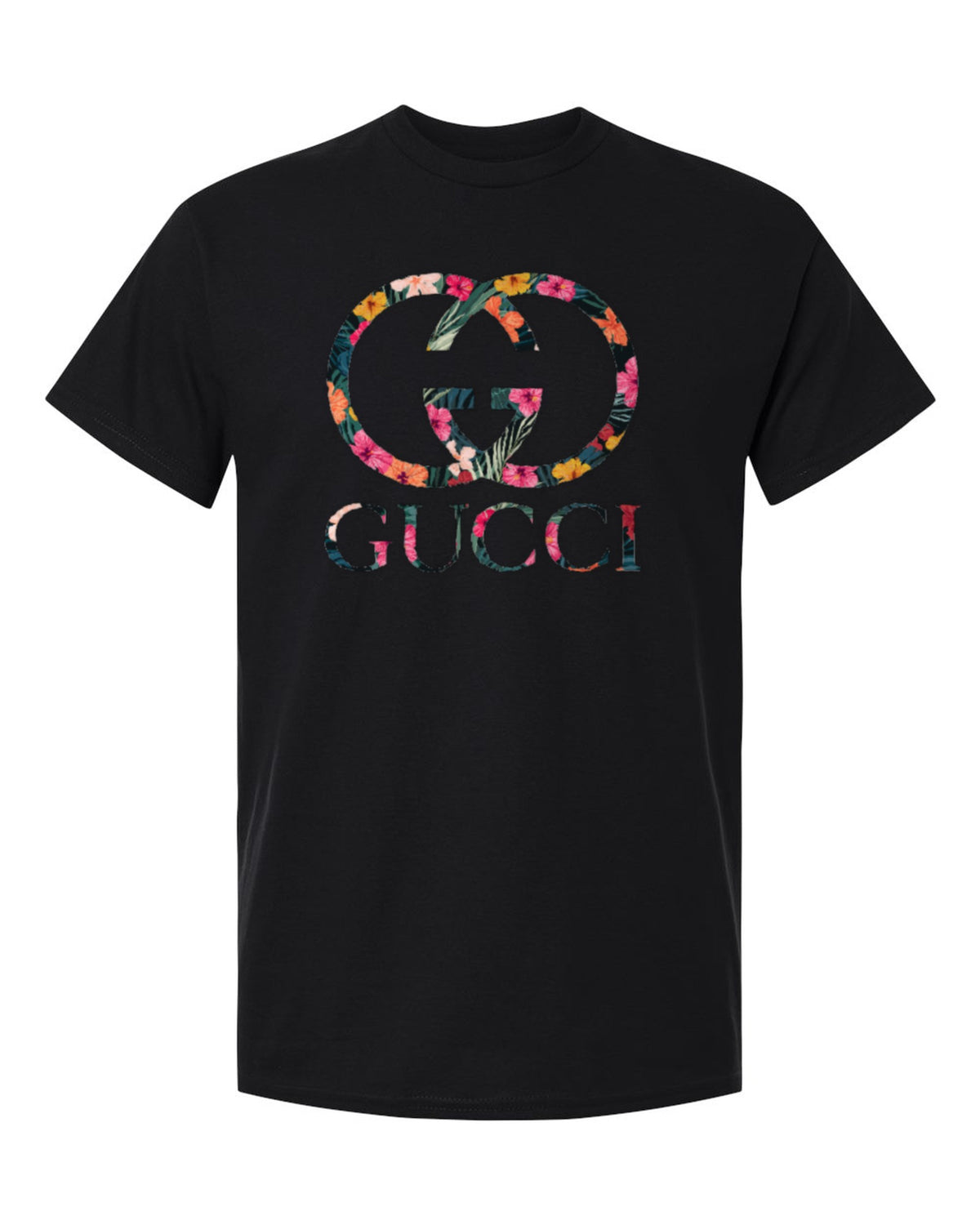 Gucci Floral Logo Design — black t-shirt mockup