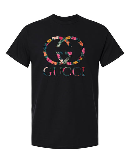 Gucci Floral Logo Design — black t-shirt mockup