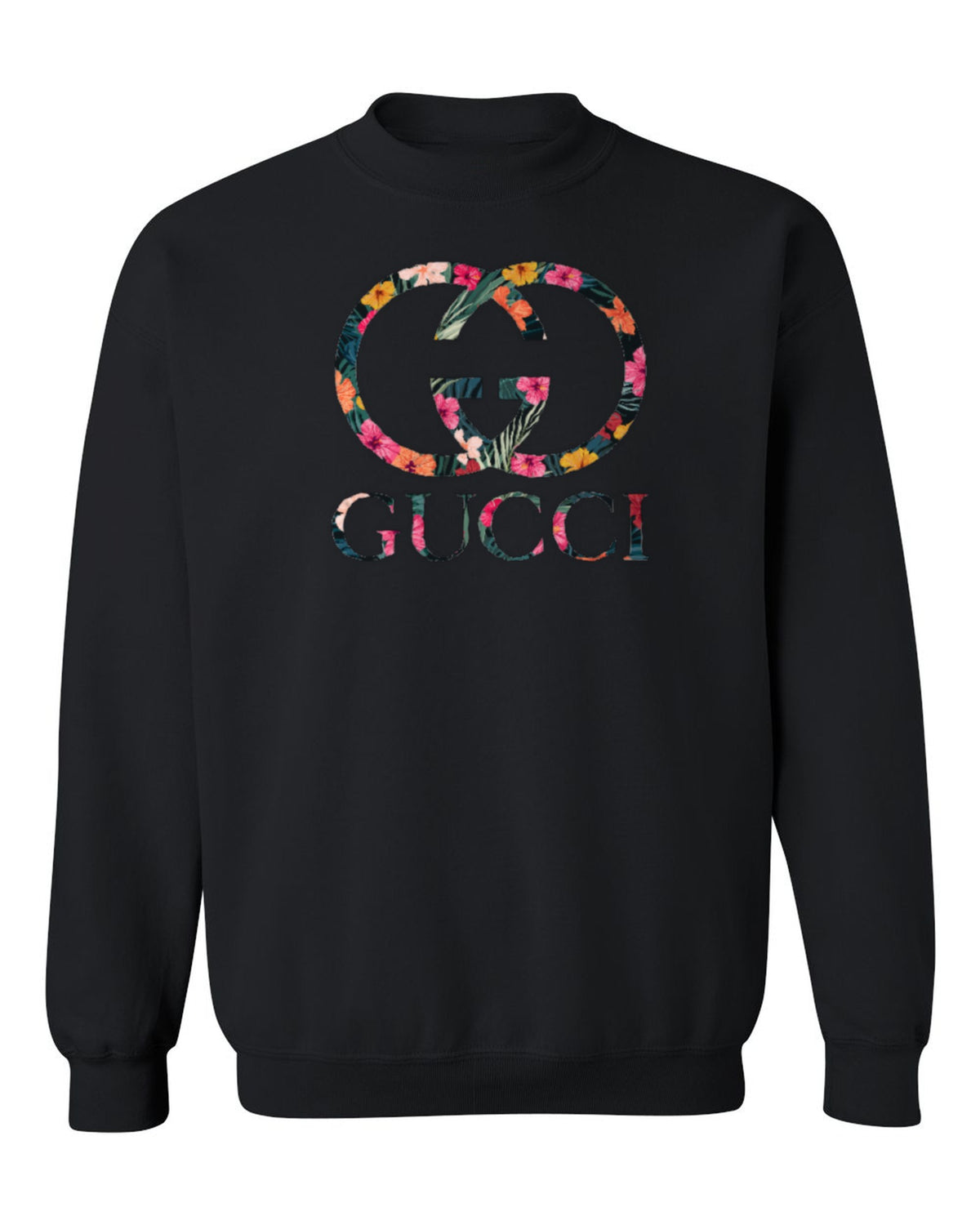 Gucci Floral Logo Design — black crewneck mockup
