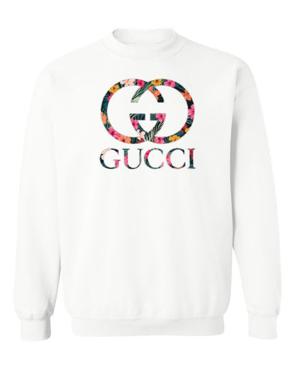 Gucci Floral Logo Design — white crewneck mockup