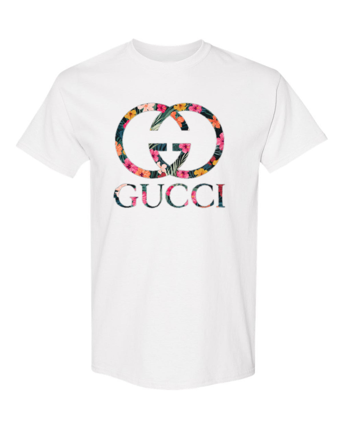 Gucci Floral Logo Design — white t-shirt mockup