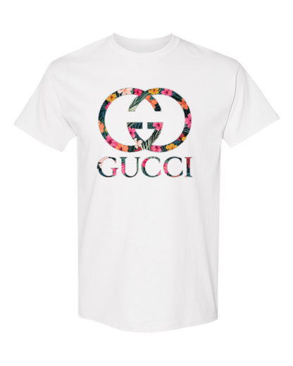 Gucci Floral Logo Design — white t-shirt mockup