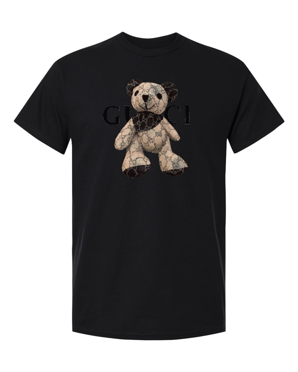 Gucci Teddy Bear Design — black t-shirt mockup