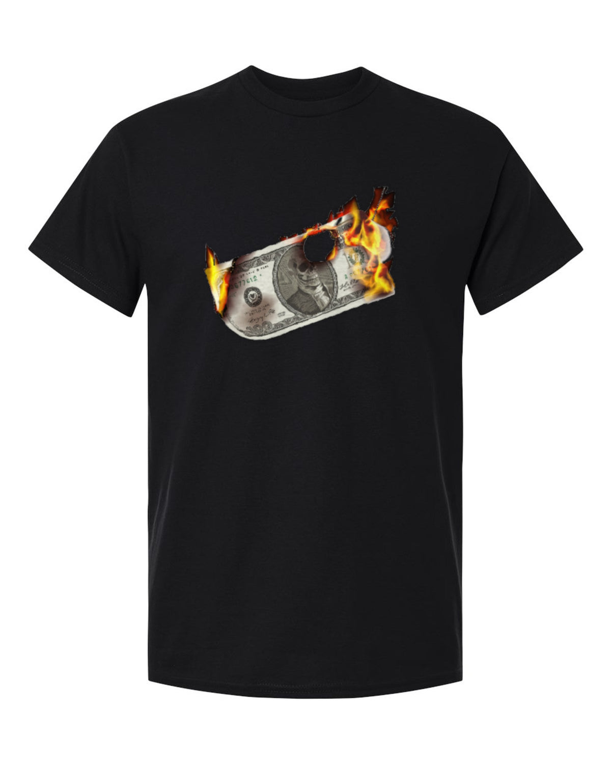Burning Dollar Design — black t-shirt mockup