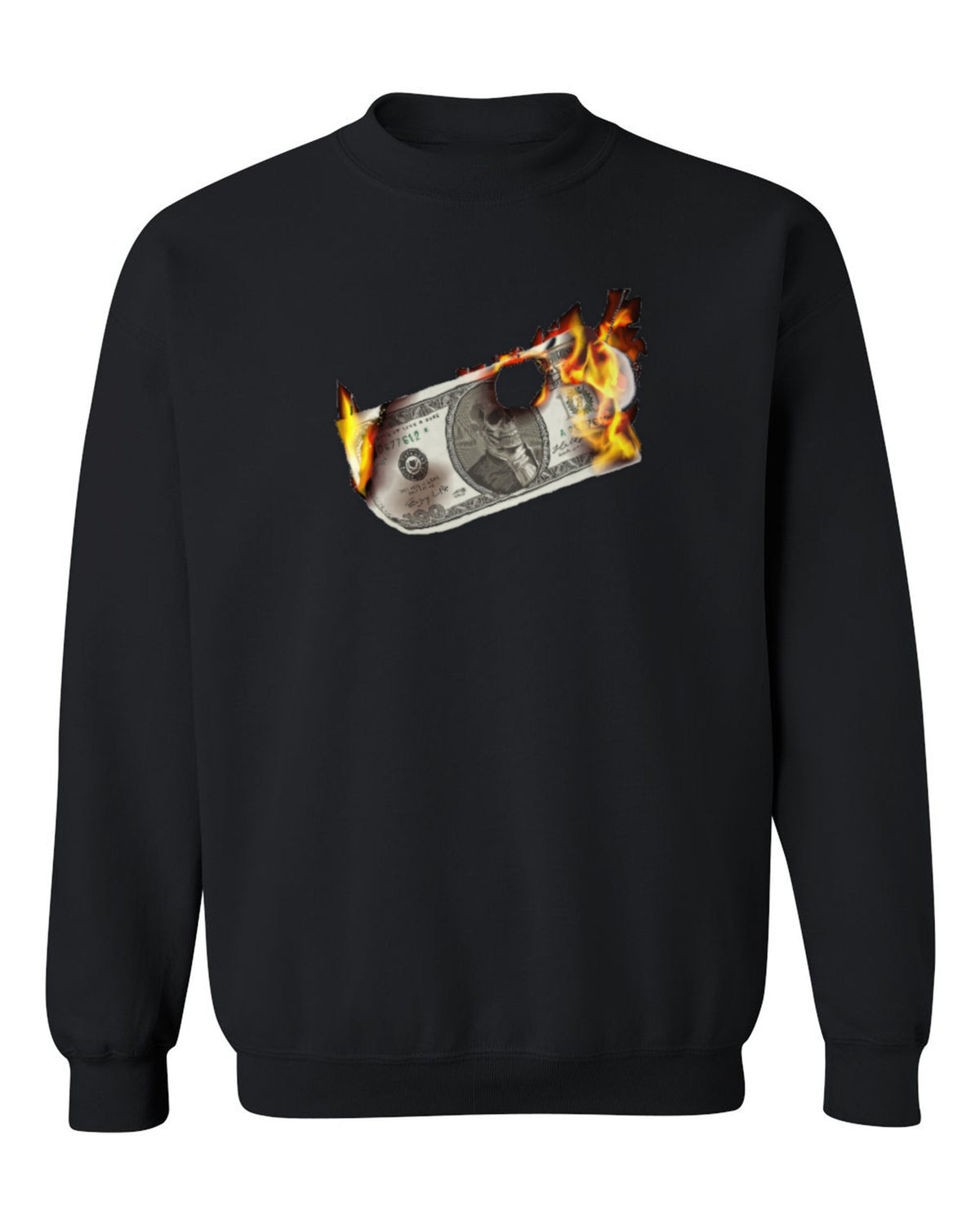 Burning Dollar Design — black crewneck mockup