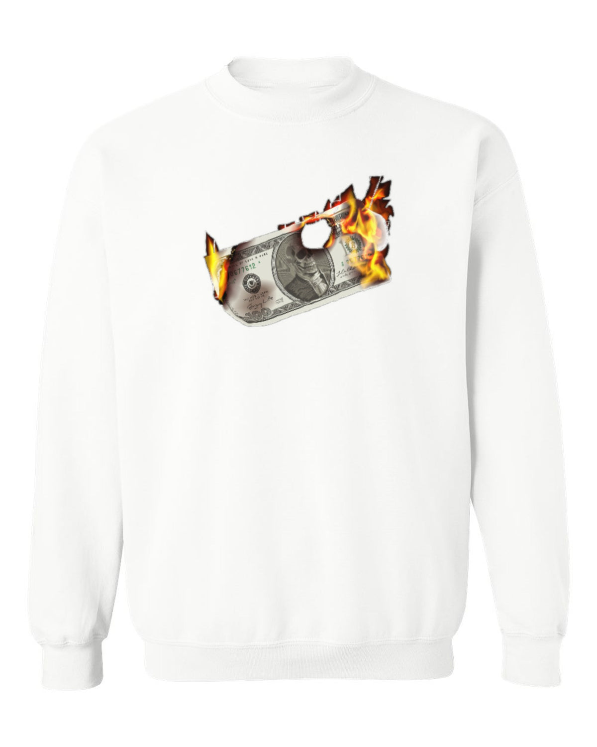 Burning Dollar Design — white crewneck mockup