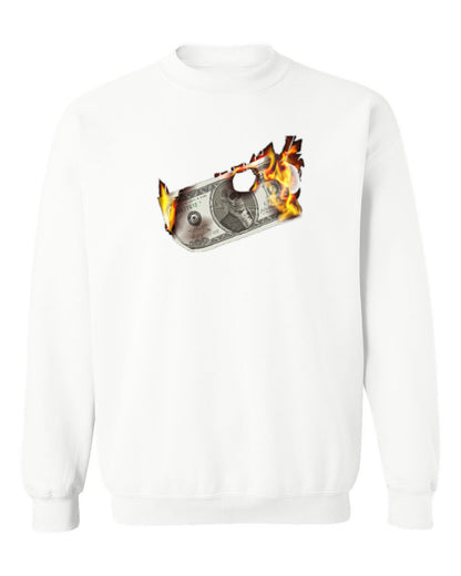 Burning Dollar Design — white crewneck mockup