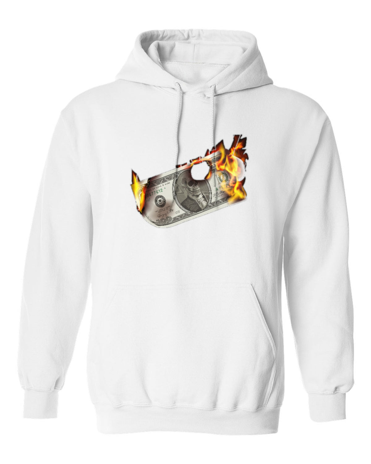 Burning Dollar Design — white hoodie mockup