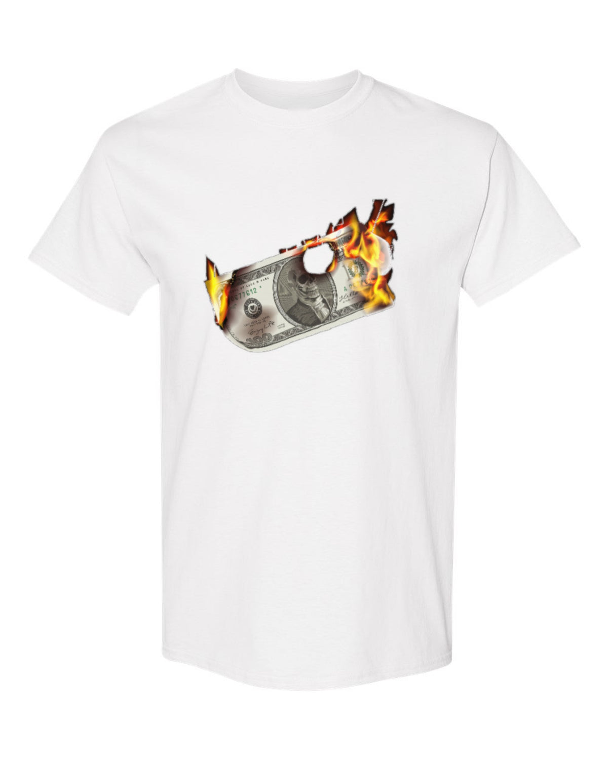 Burning Dollar Design — white t-shirt mockup