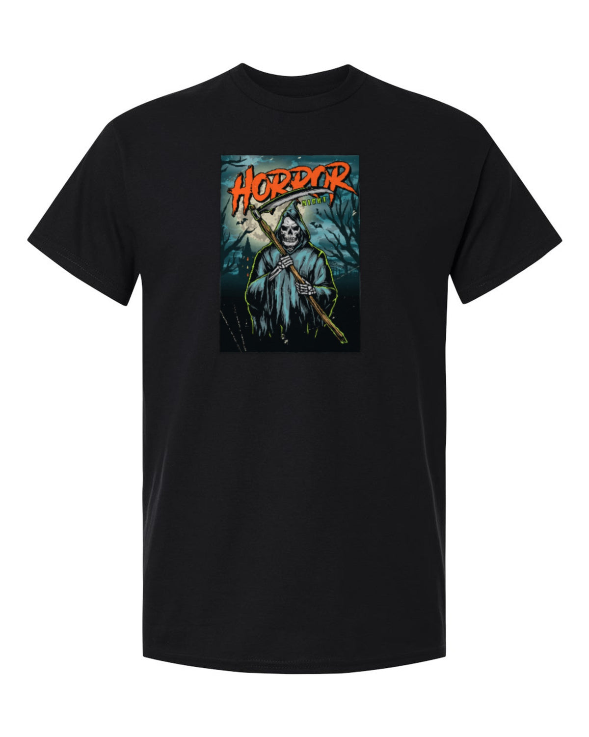Horror Night Reaper Design — black t-shirt mockup