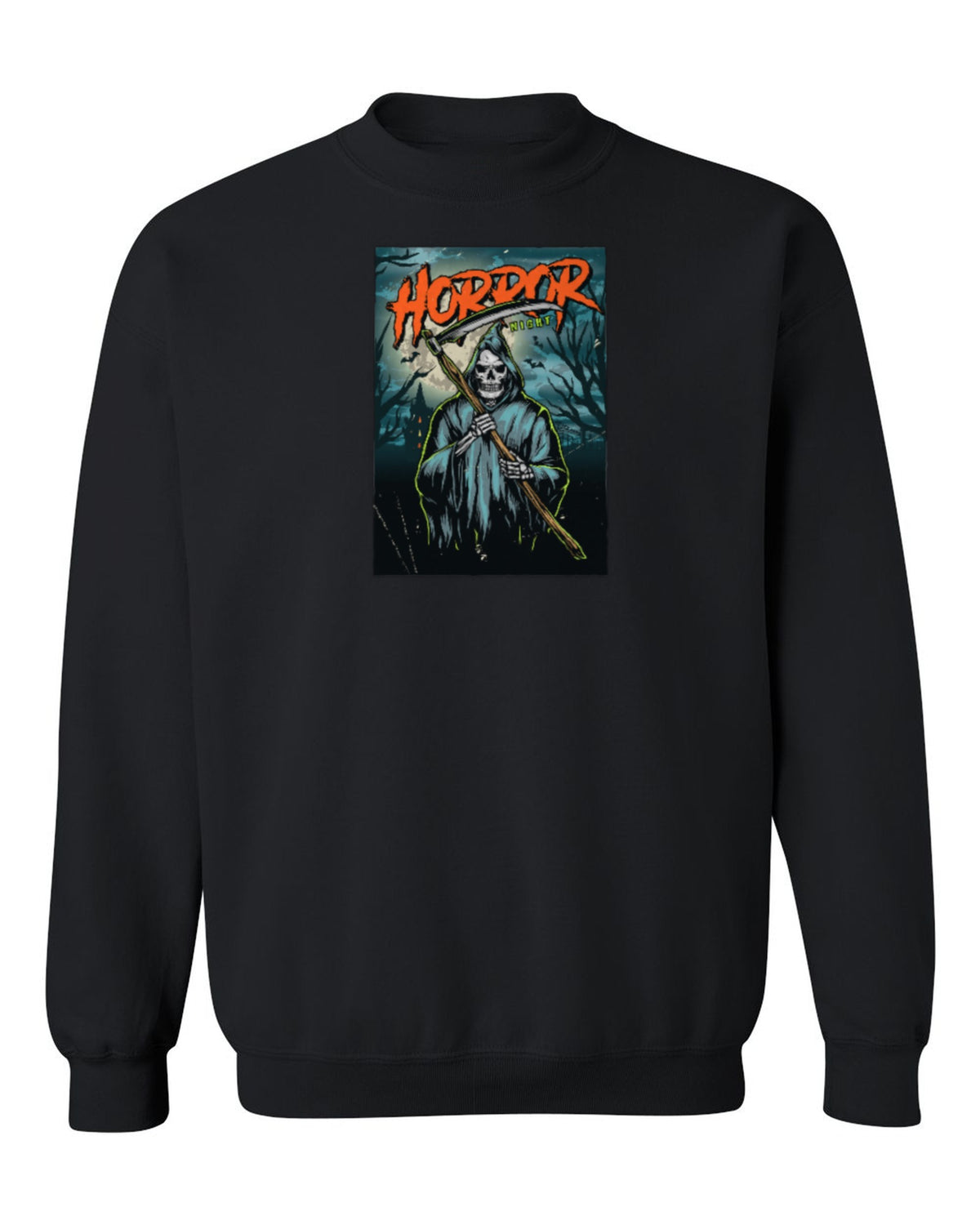 Horror Night Reaper Design — black crewneck mockup