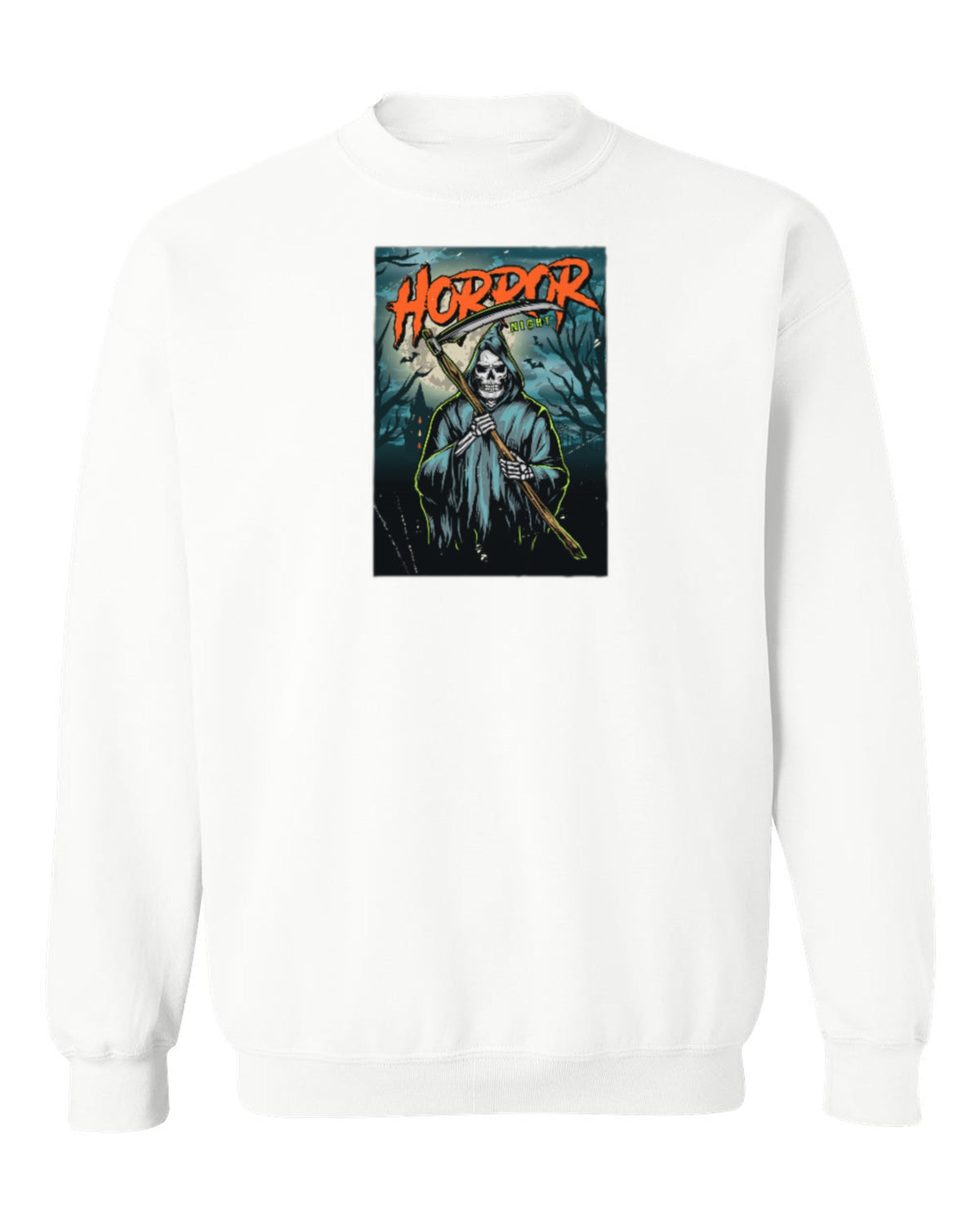 Horror Night Reaper Design — white crewneck mockup