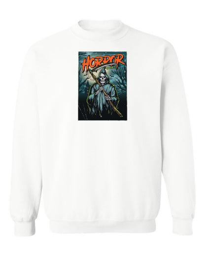 Horror Night Reaper Design — white crewneck mockup