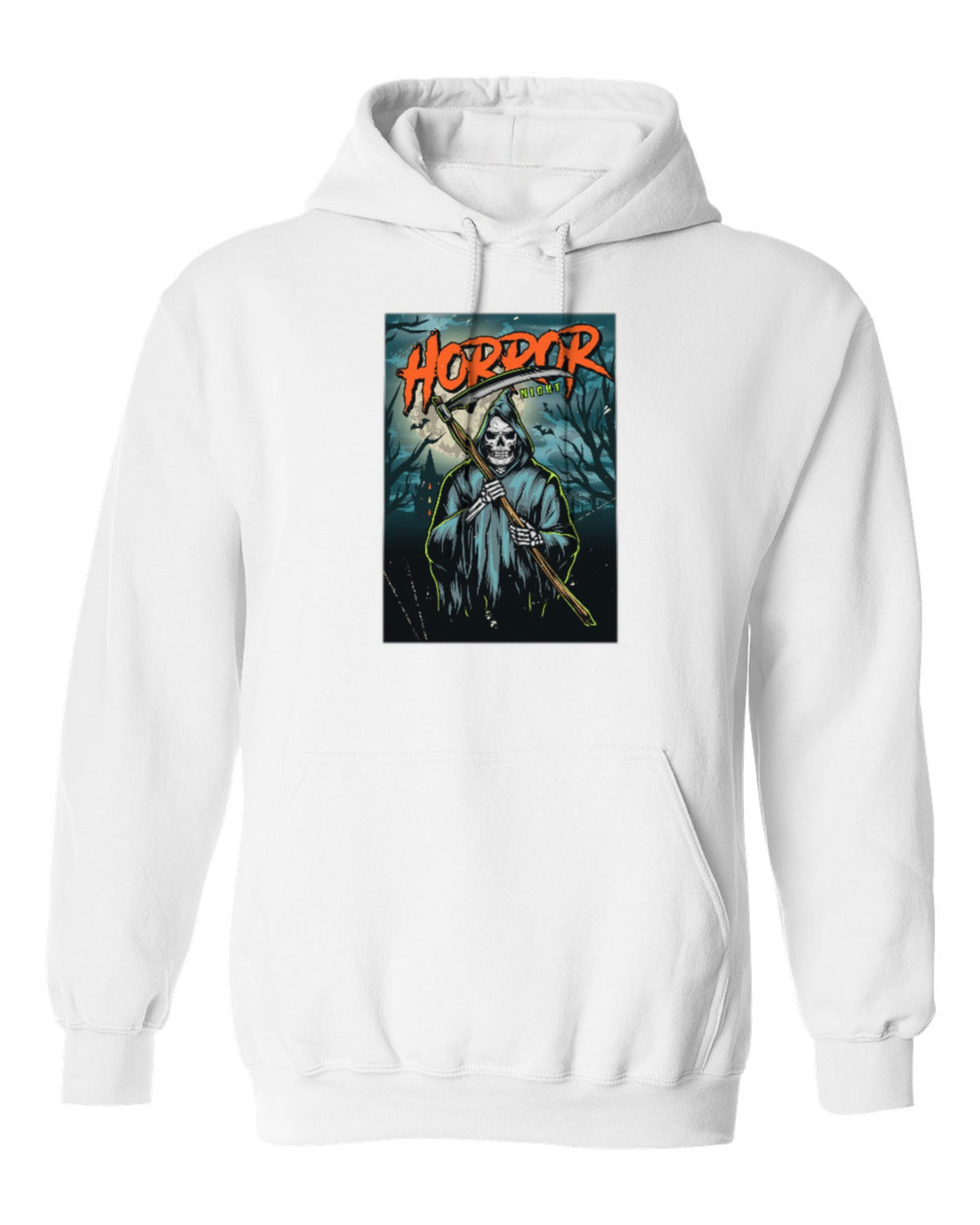 Horror Night Reaper Design — white hoodie mockup