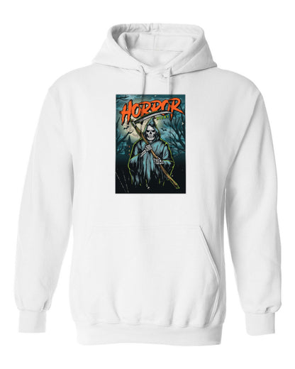 Horror Night Reaper Design — white hoodie mockup