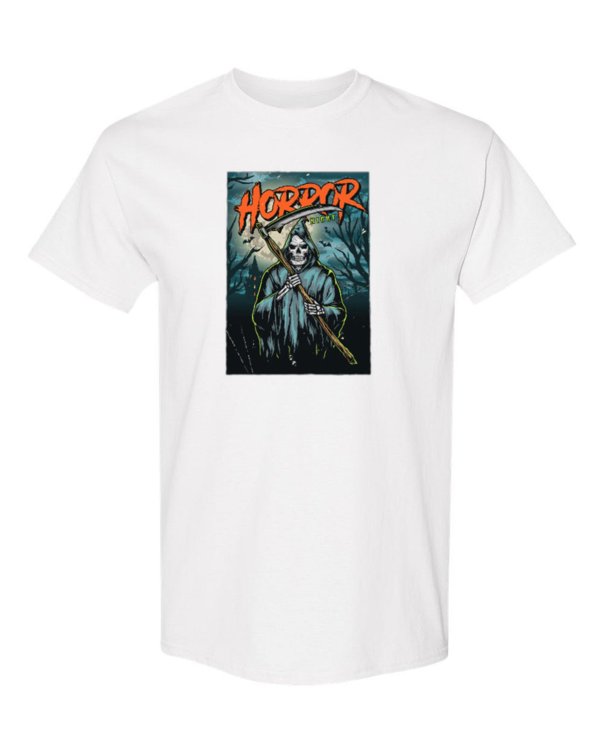Horror Night Reaper Design — white t-shirt mockup
