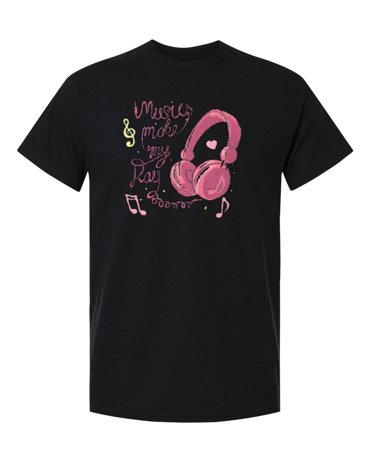 Music Makes My Day Design — black t-shirt mockup