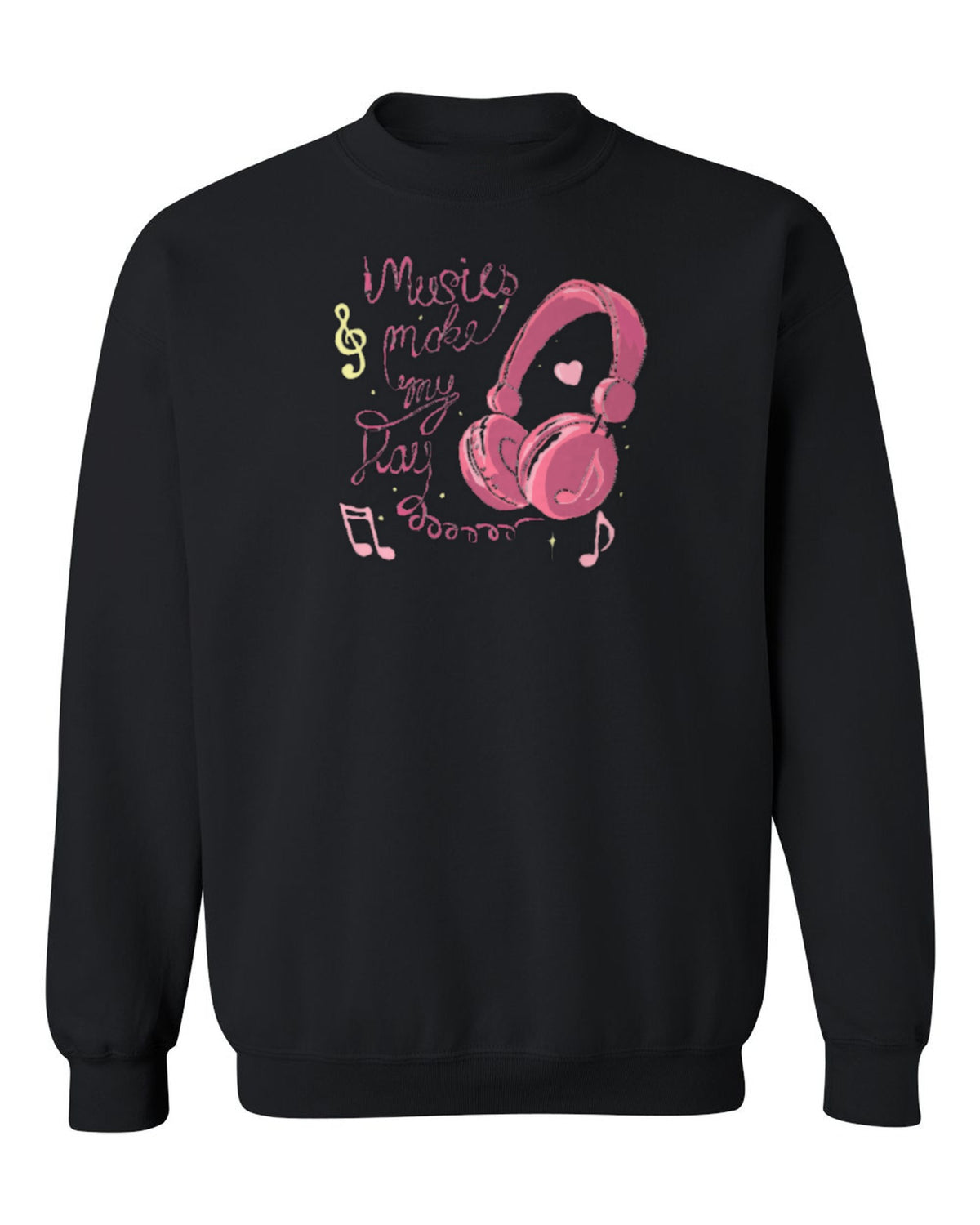 Music Makes My Day Design — black crewneck mockup