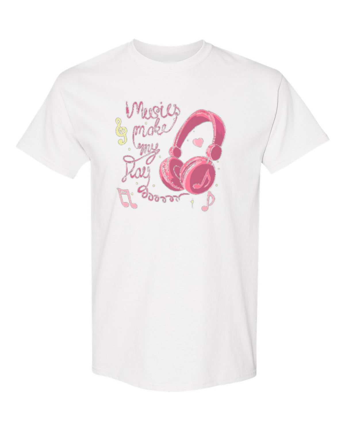 Music Makes My Day Design — white t-shirt mockup