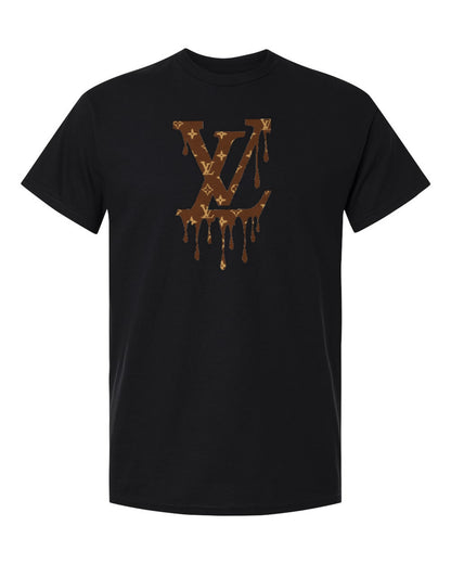 Louis Vuitton Drip Logo Design — black t-shirt mockup