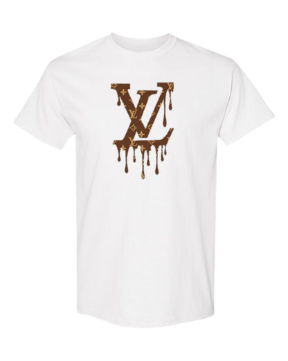 Louis Vuitton Drip Logo Design — white t-shirt mockup