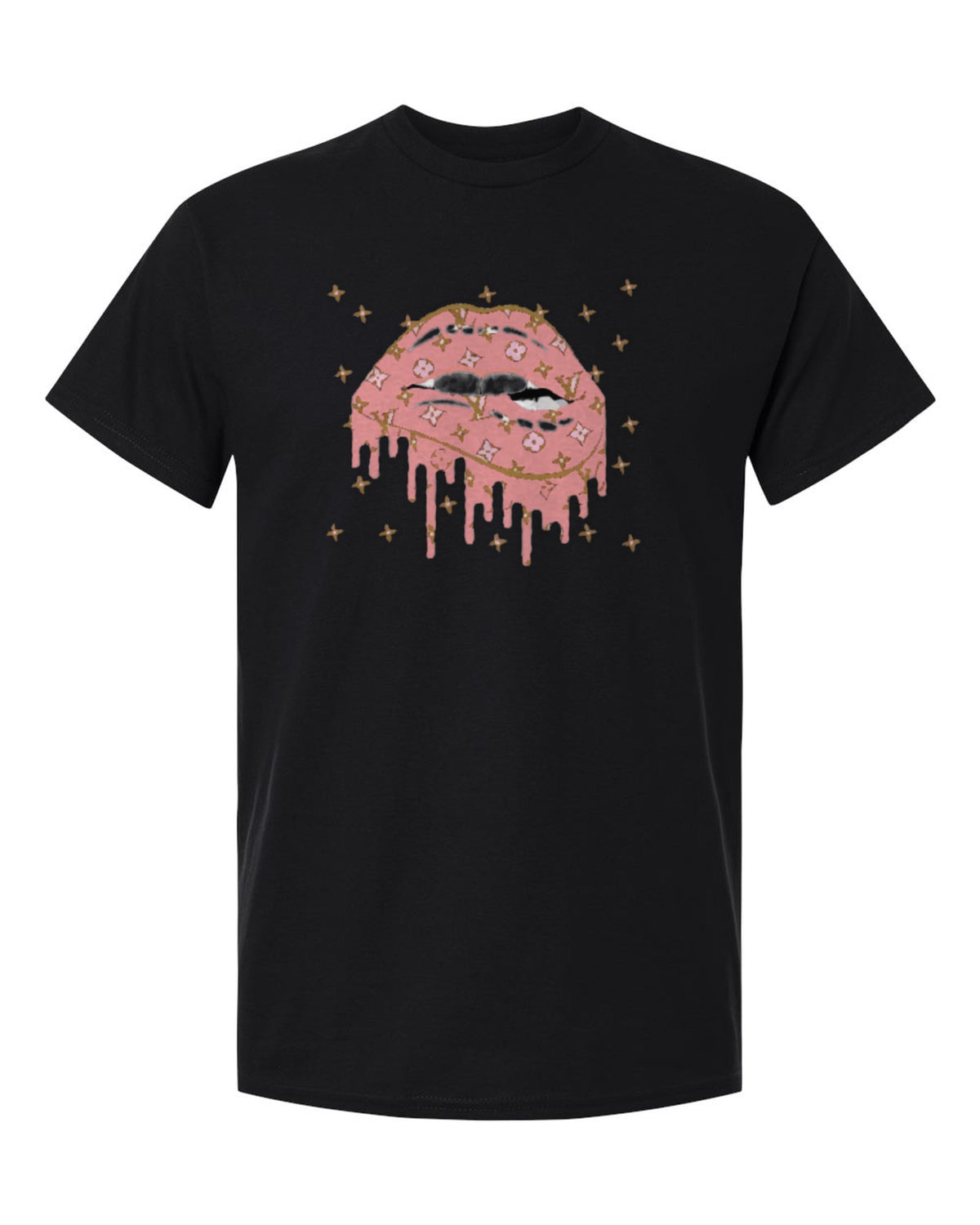 Pink Monogram Lips Design — black t-shirt mockup